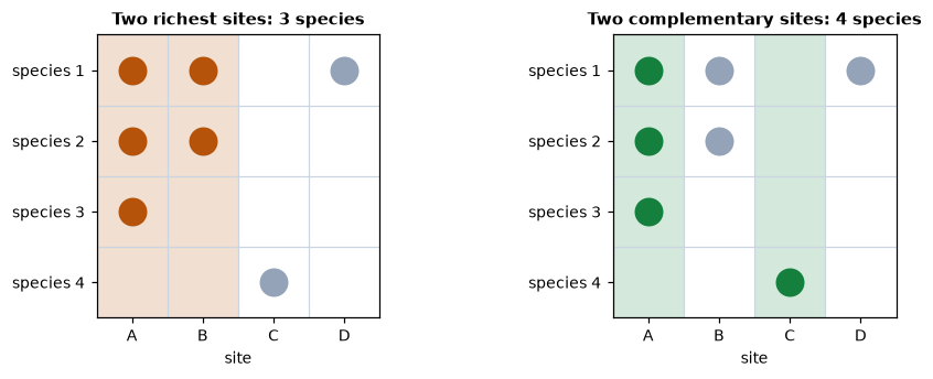 Richness picks the two richest sites; complementarity the two that hold every species