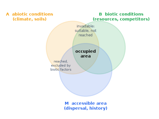 The BAM diagram: the occupied area is where suitable abiotic conditions (A), suitable biotic conditions (B) and the accessible area (M) overlap
