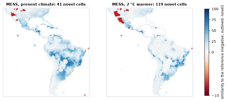MESS of the present climate and of a climate 2 °C warmer