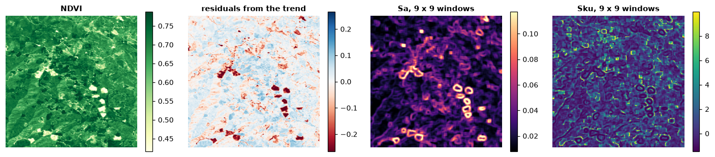 NDVI, its residuals, and Sa and Sku in 9 x 9 windows