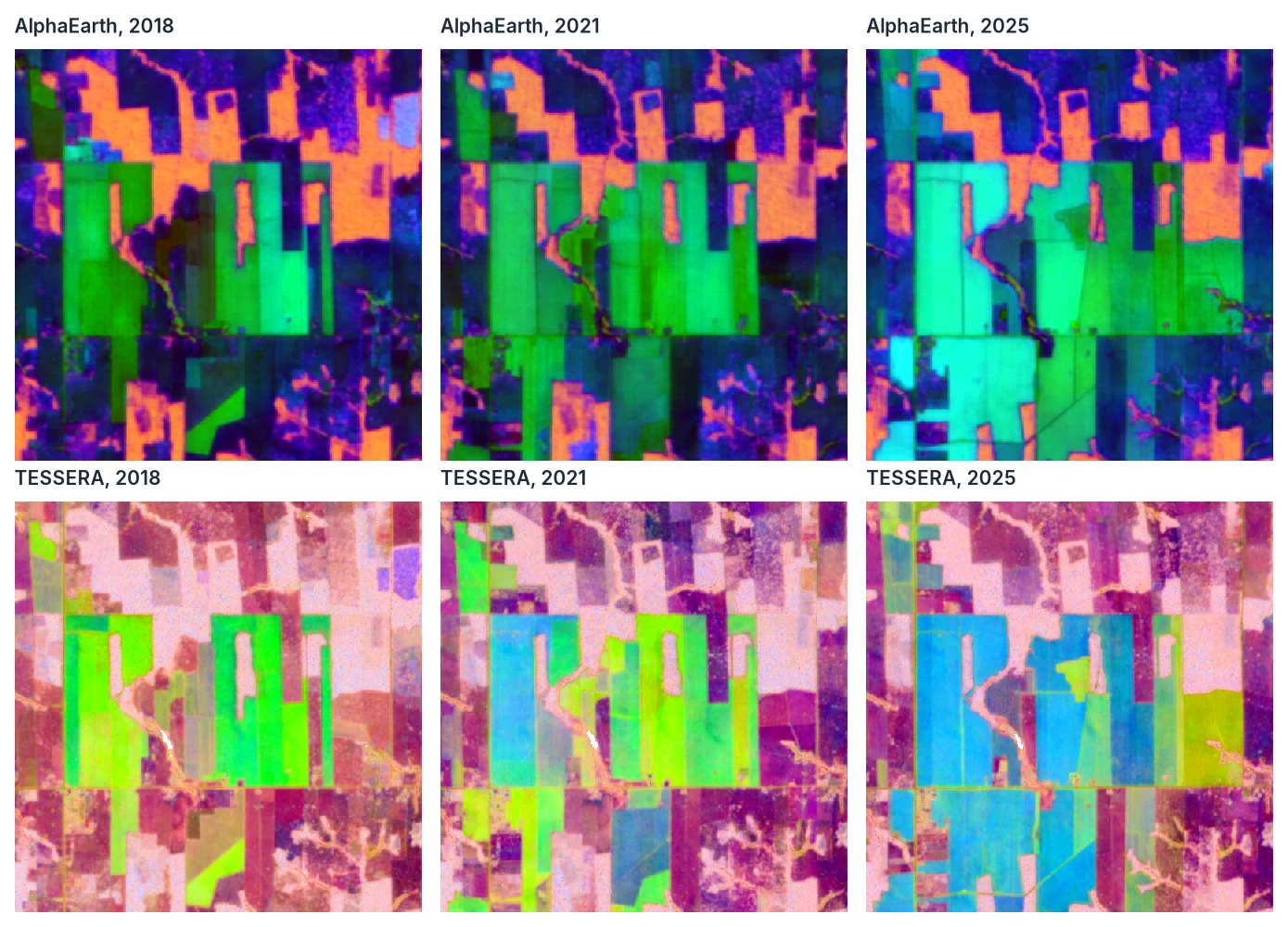 The first three principal components of AlphaEarth and TESSERA as RGB, for 2018, 2021 and 2025, over the same 5 x 5 km box