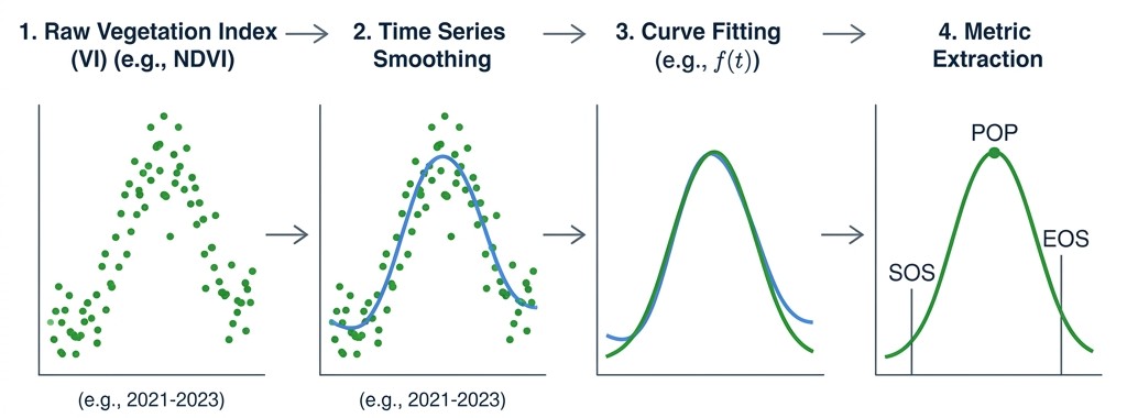 Phenology pipeline: raw index, smoothing, curve fitting, metric extraction