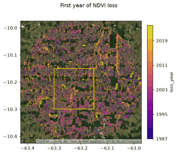 Map of the first year of NDVI loss, coloured from 1987 (purple) to 2024 (yellow), over Esri World Imagery, with a yellow square marking the area of interest