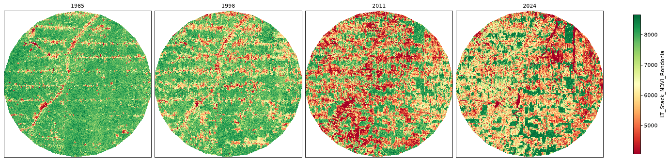 NDVI in 1985, 1998, 2011 and 2024 over Rondônia: forest in 1985, fishbone clearings along roads, a patchwork of pasture by 2024